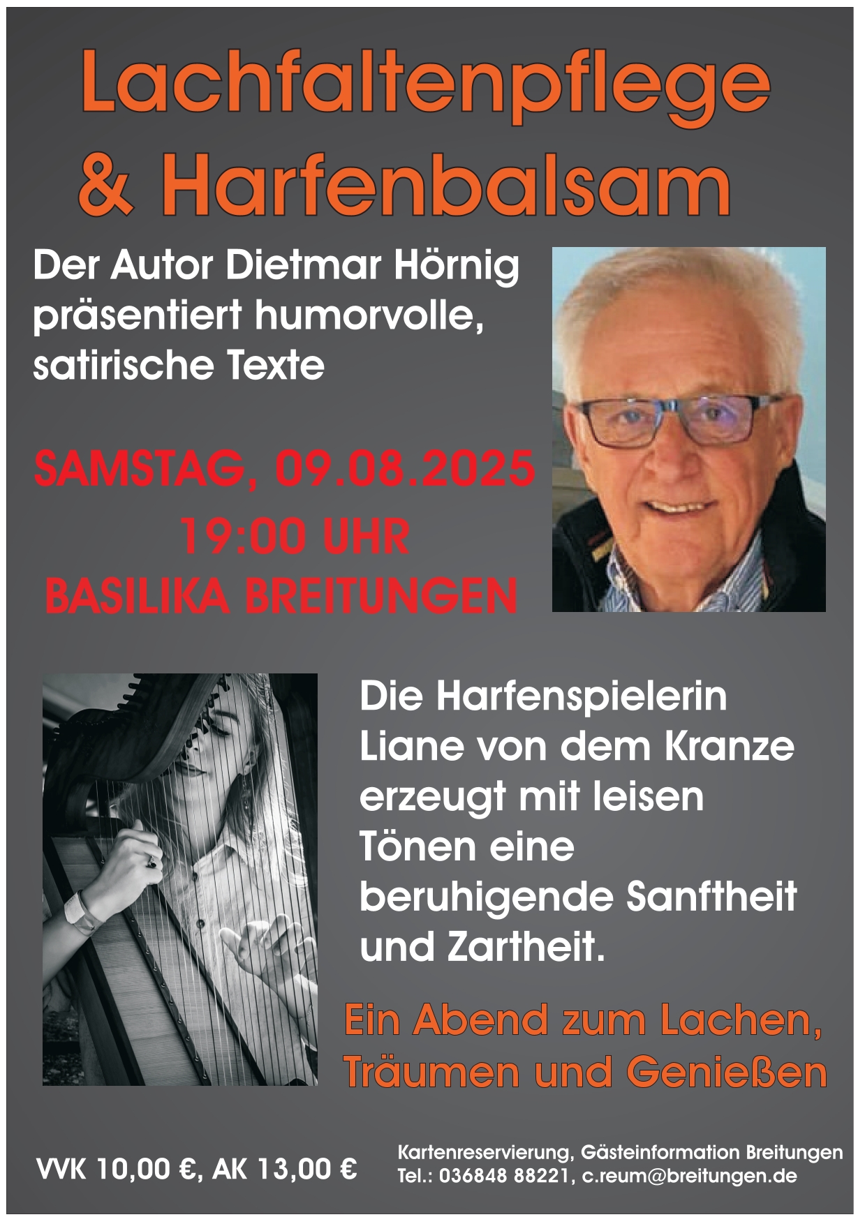 Lachfaltenpflege & Harfenbalsam - ein Abend zum Lachen, Träumen und Genießen